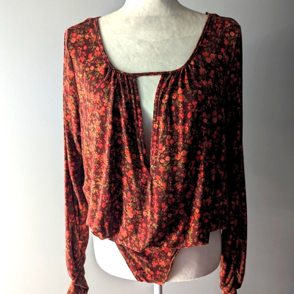 Free People Bodysuit Chocolate Combo Floral Kaya Long Sleeve Bodysuit Size XL - Picture 4 of 14